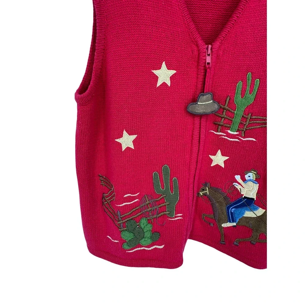 Tiara‎ International Sweater Vest Large Red Western Cowgirl Cactus Zip Vintage